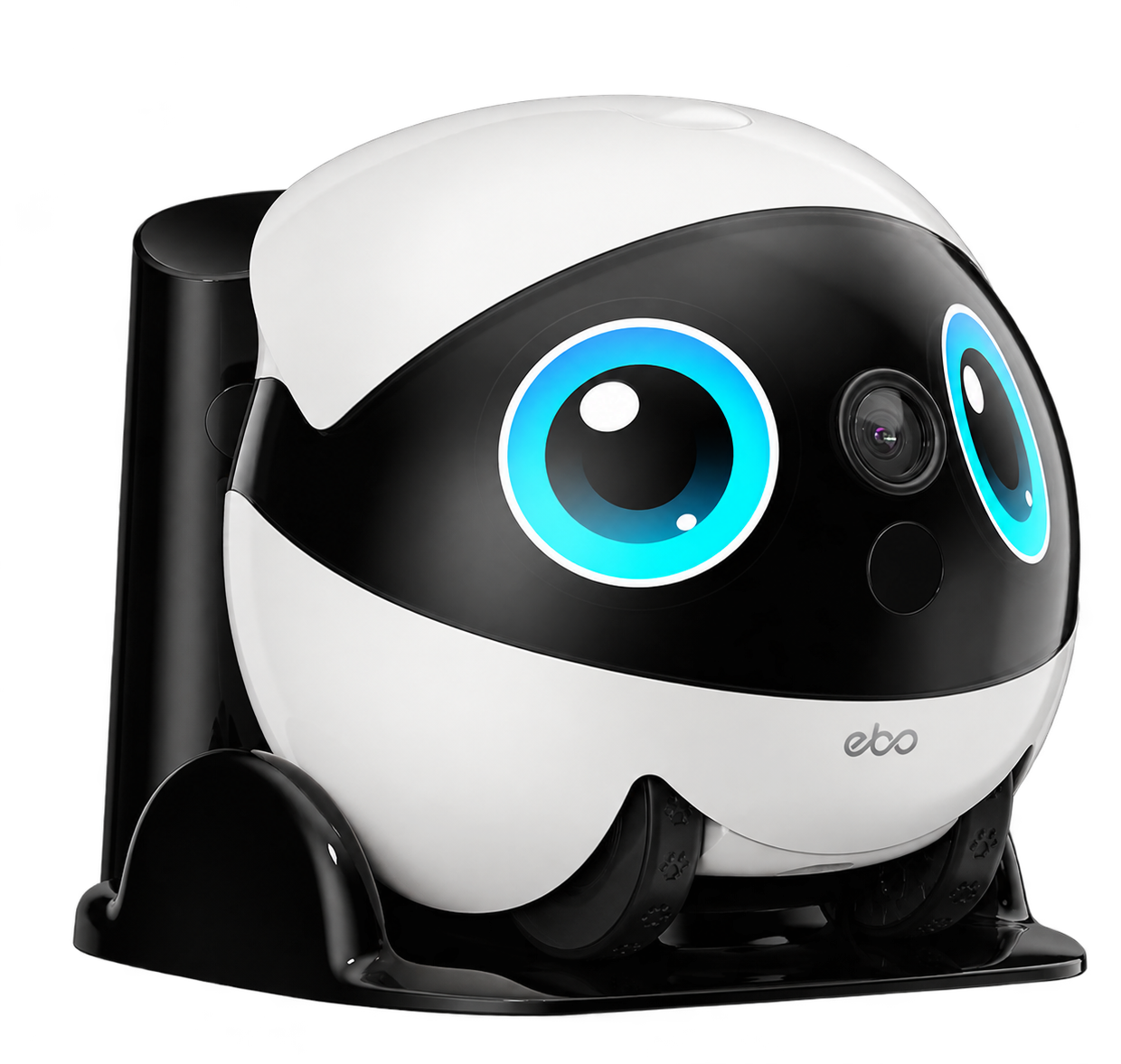 The companion robot, white with a black face band and large blue eyes, sitting on its charging dock