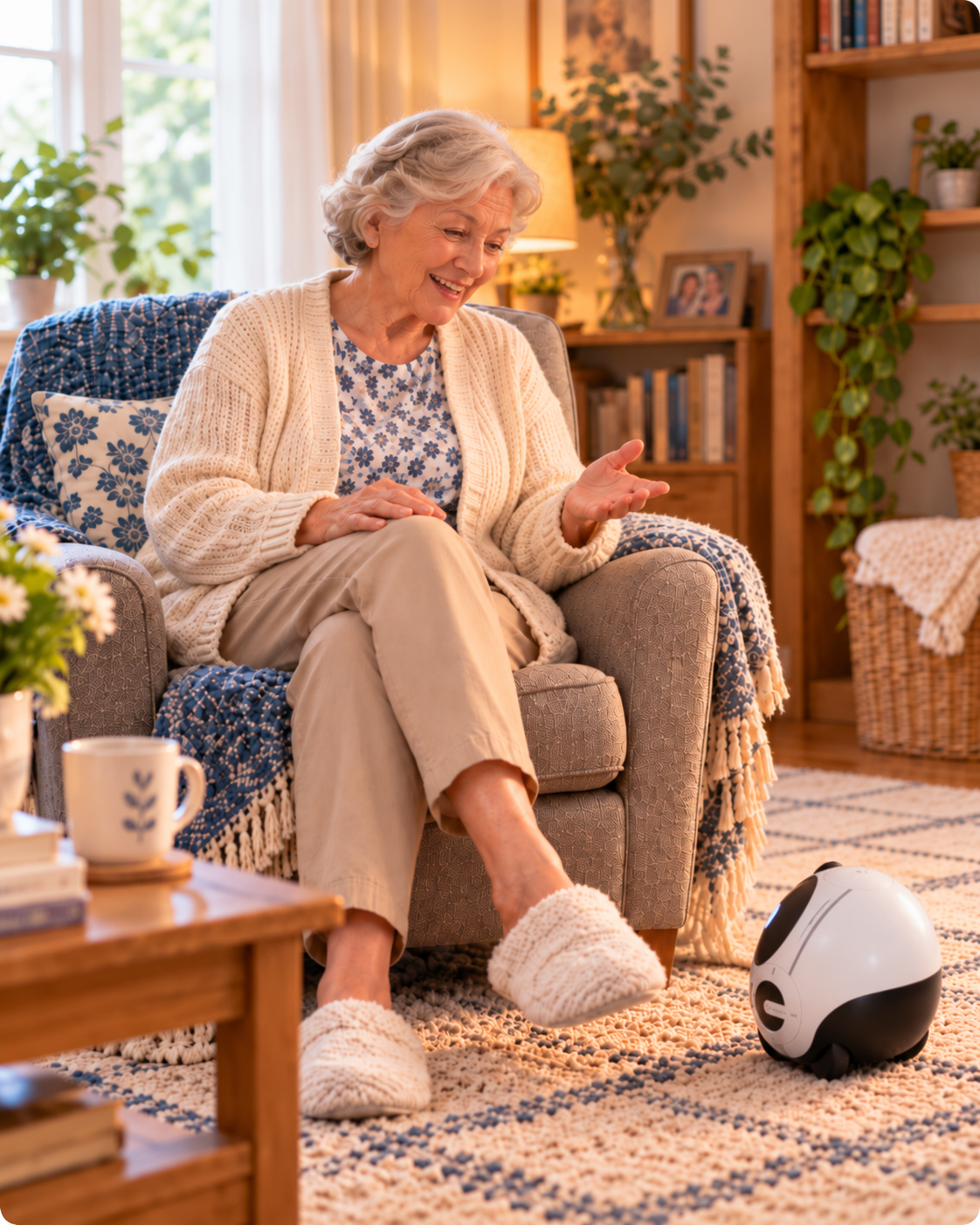 Smiling older woman in her armchair at home chatting with a small caregiver robot on the rug