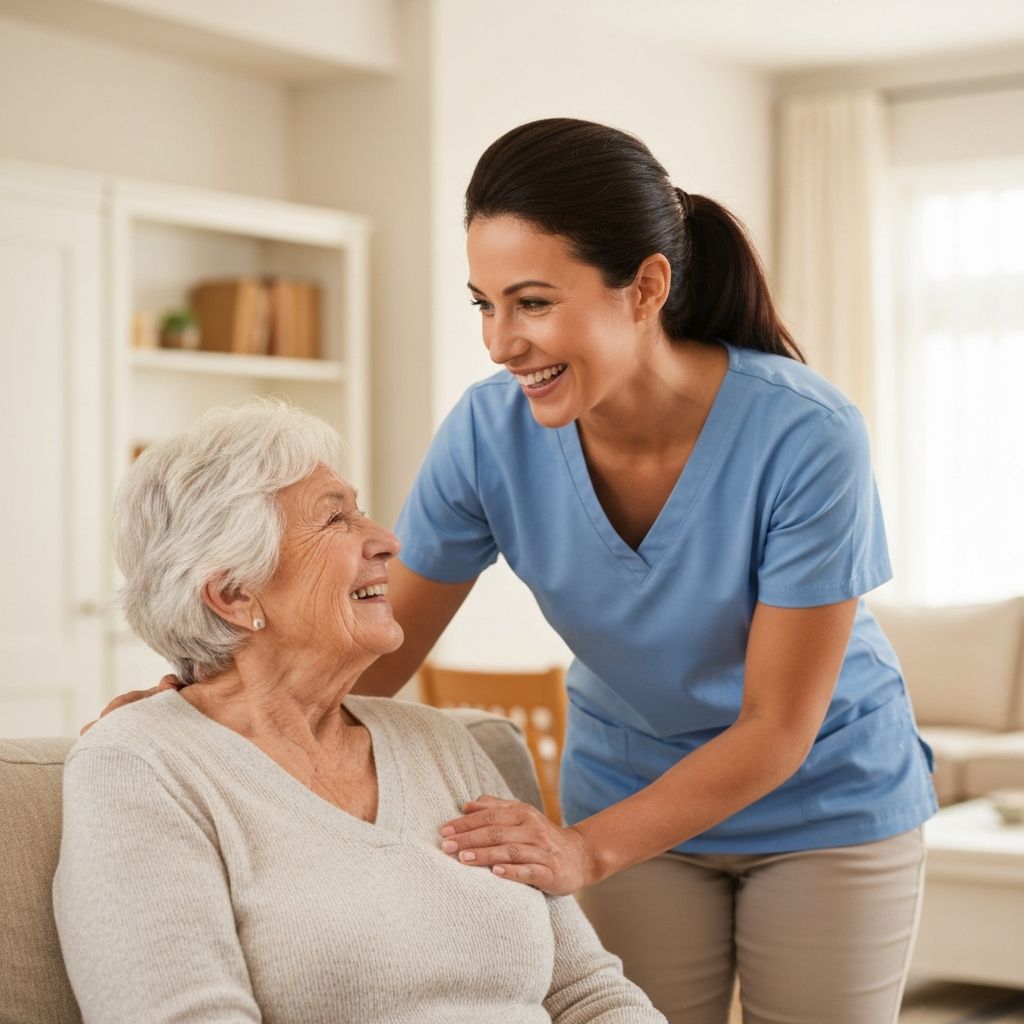 Caregiver and elderly client in home care setting